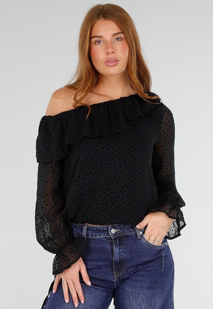 NEW281026 Zwarte One Shoulder Top met Lange Mouwen