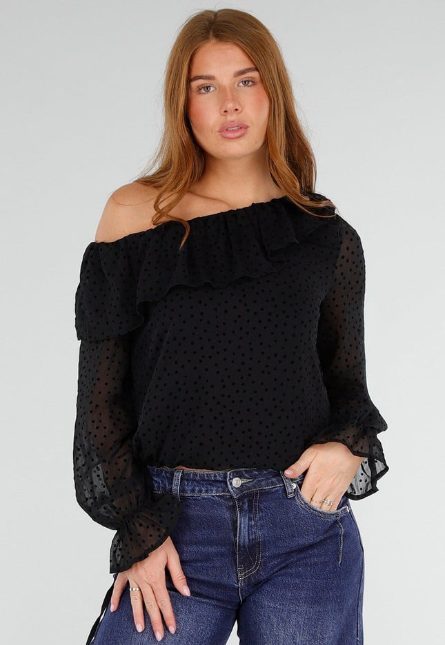 NEW281026 Zwarte One Shoulder Top met Lange Mouwen