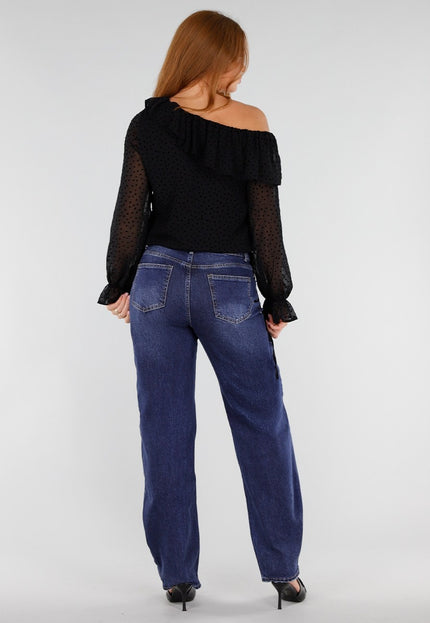 NEW281026 Zwarte One Shoulder Top met Lange Mouwen