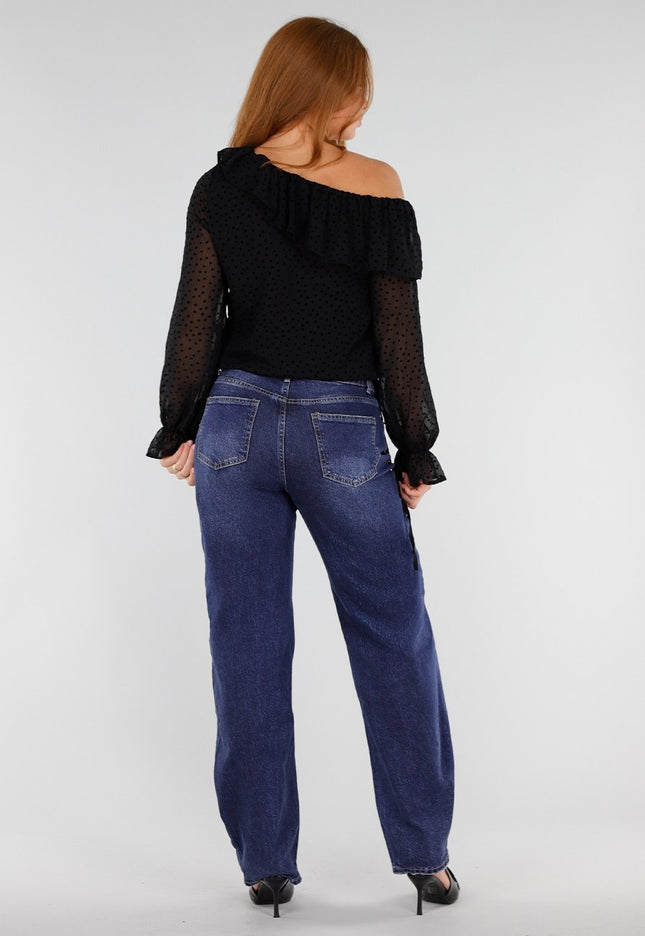 NEW281026 Zwarte One Shoulder Top met Lange Mouwen