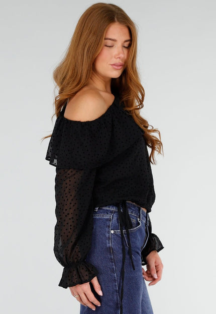 NEW281026 Zwarte One Shoulder Top met Lange Mouwen