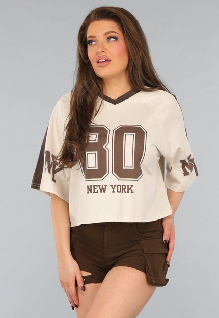 NEW290125 Beige Baseball Shirt met Bruine Details