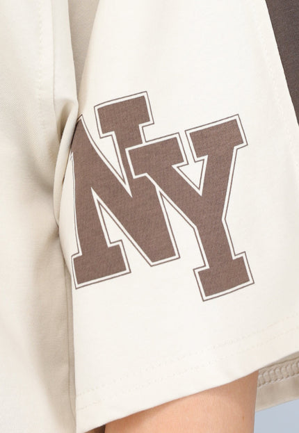 NEW290125 Beige Baseball Shirt met Bruine Details