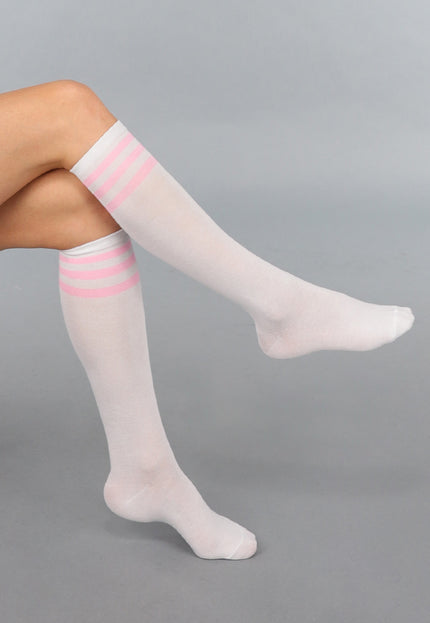 NEW290125 Wit/lichtroze Gestreepte Kniekousen