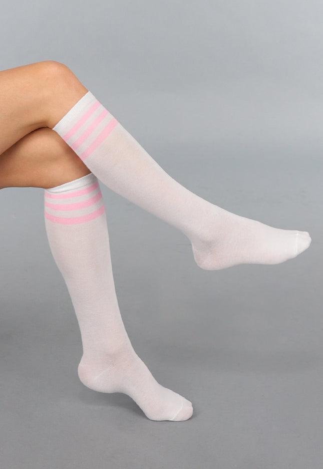 NEW290125 Wit/lichtroze Gestreepte Kniekousen