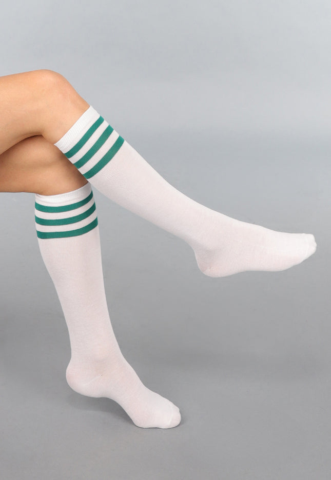 NEW290125 Witte Kniekousen met Groene Strepen