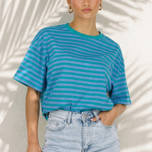 NEW290426 Blauw Groene Gestreepte T-shirt
