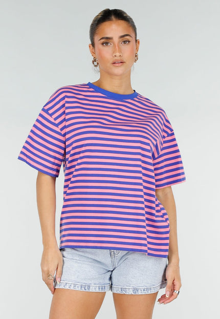 NEW290426 Blauw Roze Gestreept T-shirt