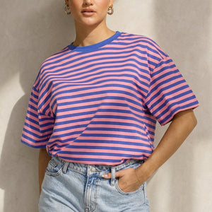 NEW290426 Blauw Roze Gestreept T-shirt