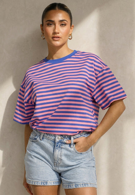 NEW290426 Blauw Roze Gestreept T-shirt