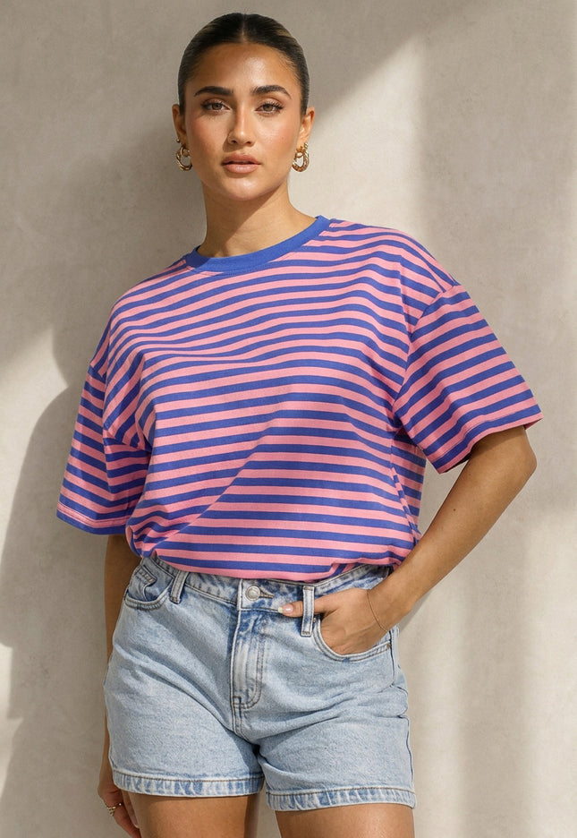 NEW290426 Blauw Roze Gestreept T-shirt
