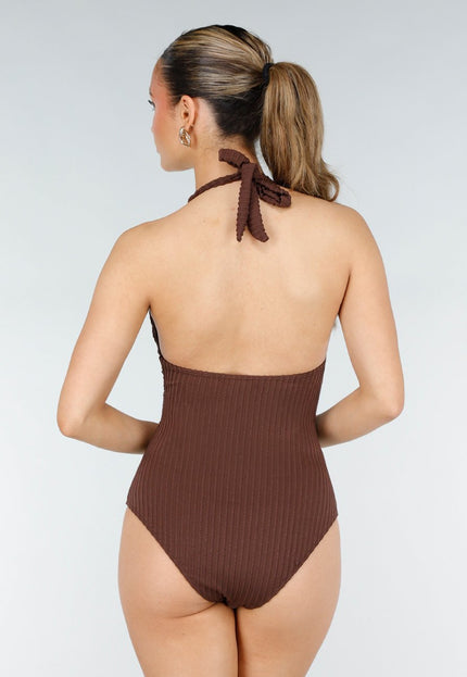 NEW290426 Bruine Halter Badpak met Ribstructuur