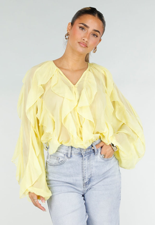 NEW290426 Gele Chiffon Blouse met Ruffles
