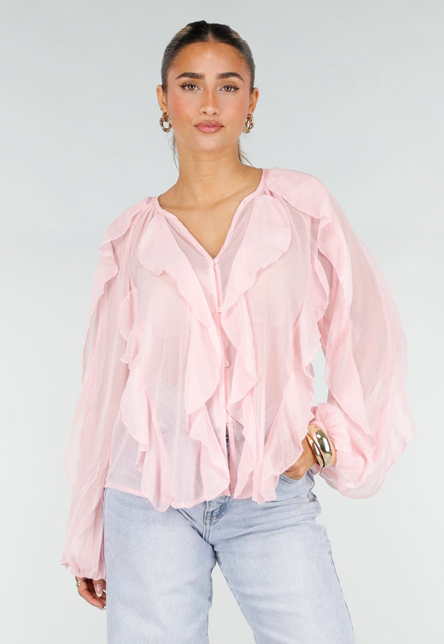 NEW290426 Lichtroze Chiffon Blouse met Ruffles