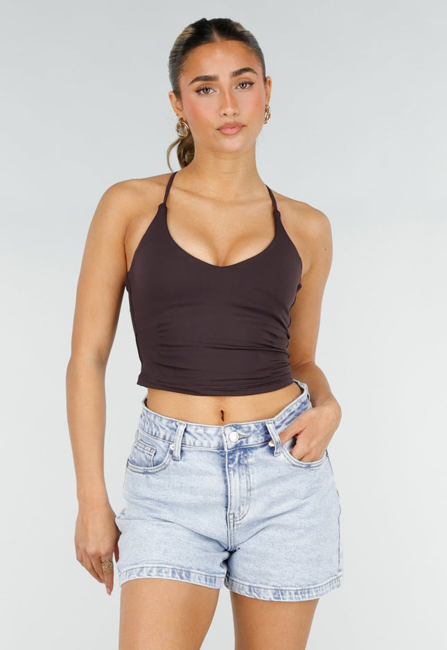 NEW290426 Paars Bruine Crop Top met Kruisbandjes