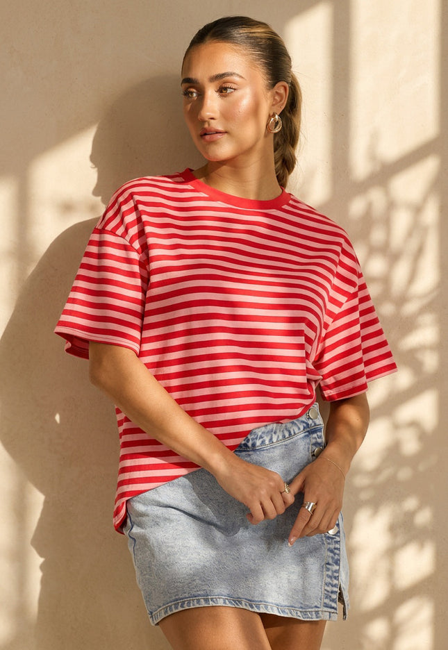 NEW290426 Rood Roze Gestreept T-shirt