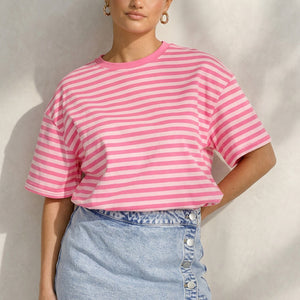 NEW290426 Roze Gestreept T-shirt met Korte Mouwen