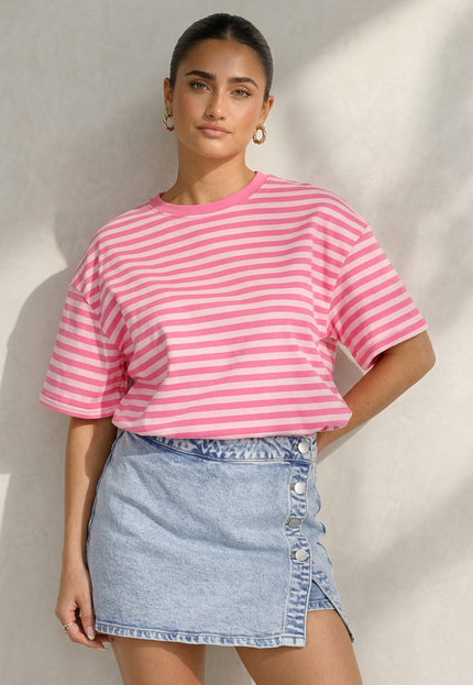 NEW290426 Roze Gestreept T-shirt met Korte Mouwen