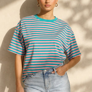 NEW290426 Roze Turquoise Gestreept T-shirt