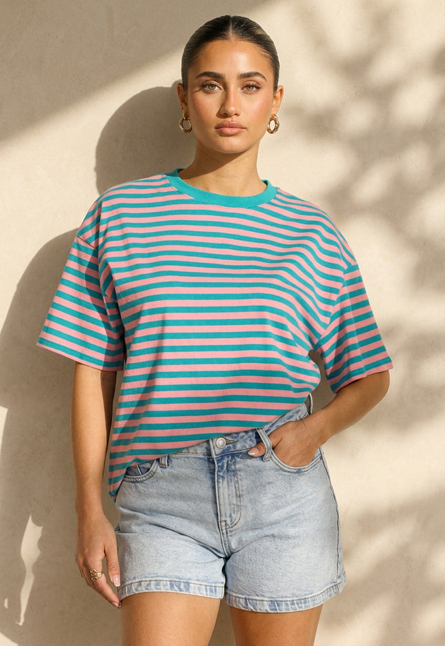 NEW290426 Roze Turquoise Gestreept T-shirt