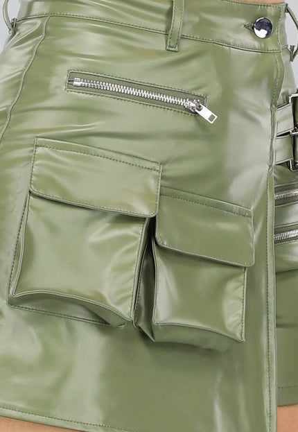 NEW2905 Khaki Lederlook Overslag Cargo Skort