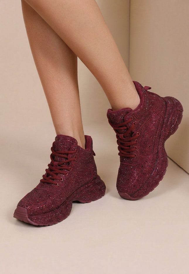 NEW290726 Bordeaux Glitter Sneakers met Hoge Schacht