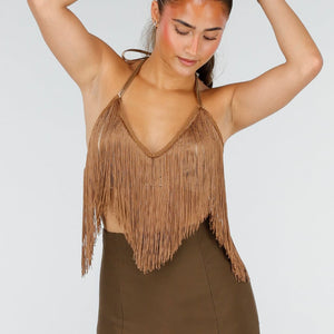 NEW290726 Bruine Fringe Haltertop
