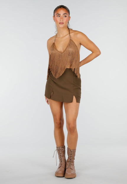 NEW290726 Bruine Fringe Haltertop