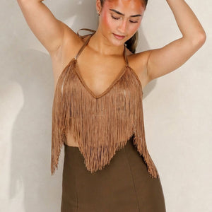 NEW290726 Bruine Fringe Haltertop