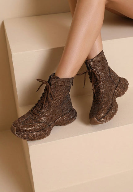 NEW290726 Bruine Glitter Sneakers met Hoge Schacht