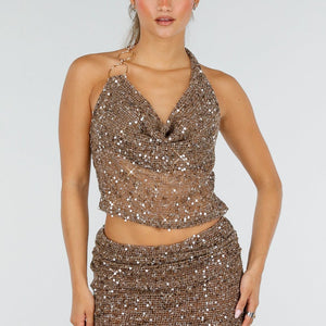 NEW290726 Bruine Pailletten Set met Halter Top