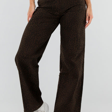 NEW290726 Bruine Wide Leg Jeans met Luipaardprint