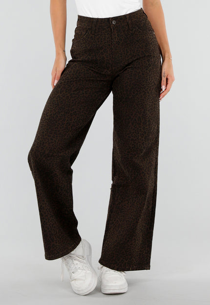 NEW290726 Bruine Wide Leg Jeans met Luipaardprint