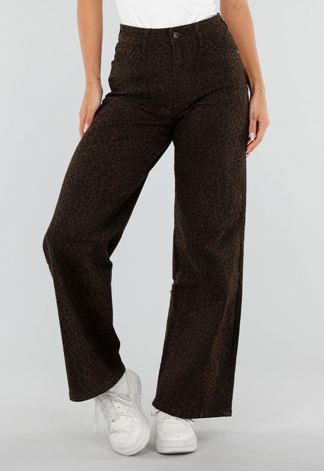 NEW290726 Bruine Wide Leg Jeans met Luipaardprint