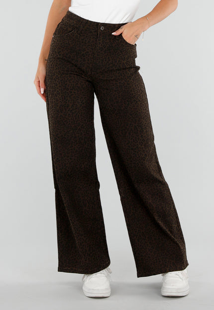 NEW290726 Bruine Wide Leg Jeans met Luipaardprint