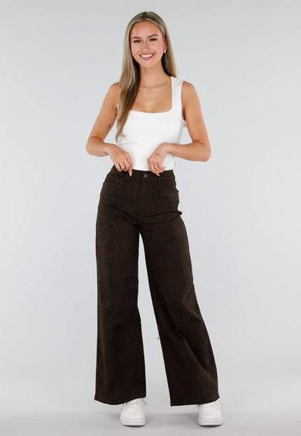 NEW290726 Bruine Wide Leg Jeans met Luipaardprint