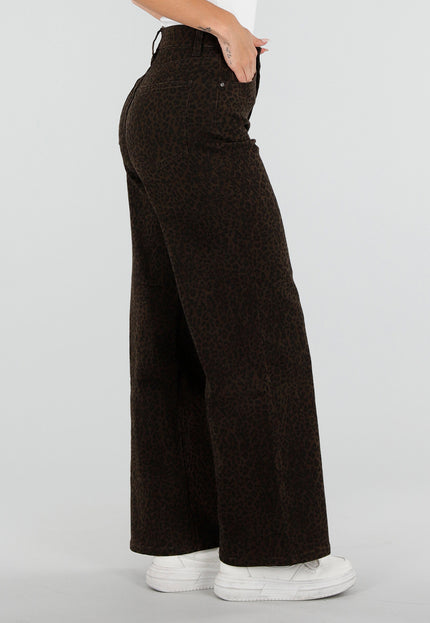 NEW290726 Bruine Wide Leg Jeans met Luipaardprint