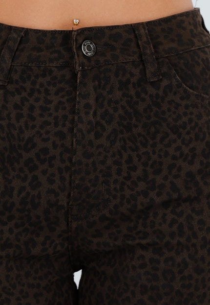 NEW290726 Bruine Wide Leg Jeans met Luipaardprint