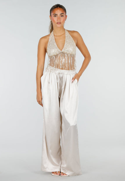 NEW290726 Gouden Pailletten Halter Top met Franjes