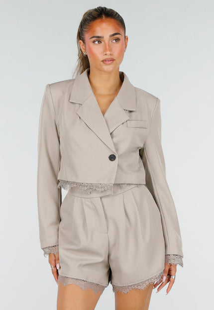 NEW290726 Grijze Blazer en Short Set met Kant