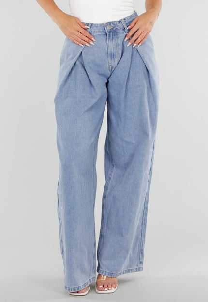 NEW290726 Lichtblauwe Wide Leg Jeans met Plooidetail