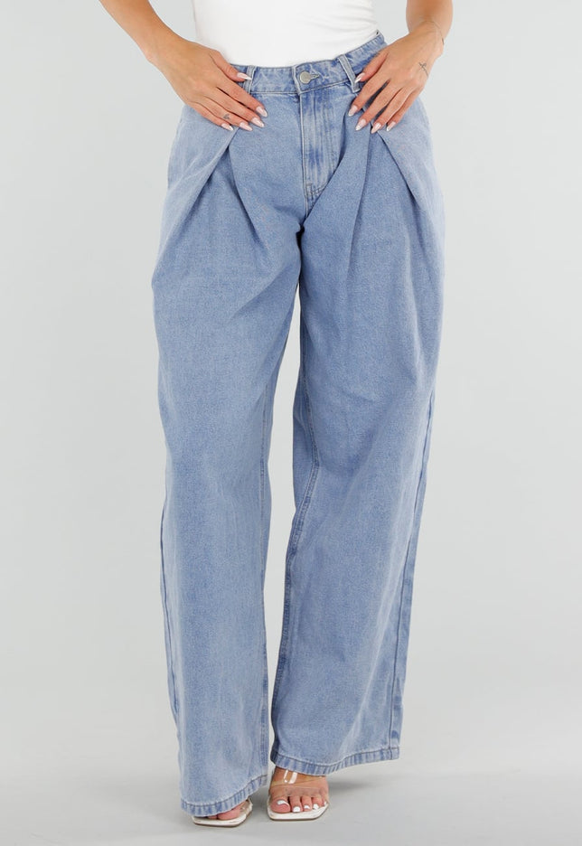 NEW290726 Lichtblauwe Wide Leg Jeans met Plooidetail