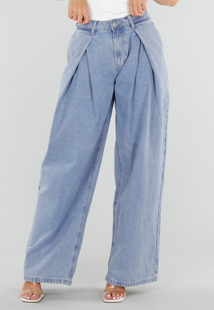 NEW290726 Lichtblauwe Wide Leg Jeans met Plooidetail