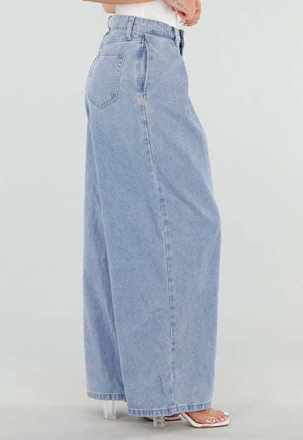 NEW290726 Lichtblauwe Wide Leg Jeans met Plooidetail