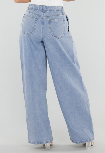 NEW290726 Lichtblauwe Wide Leg Jeans met Plooidetail