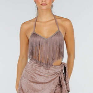 NEW290726 Taupe Fringe Halter Top met Franjes