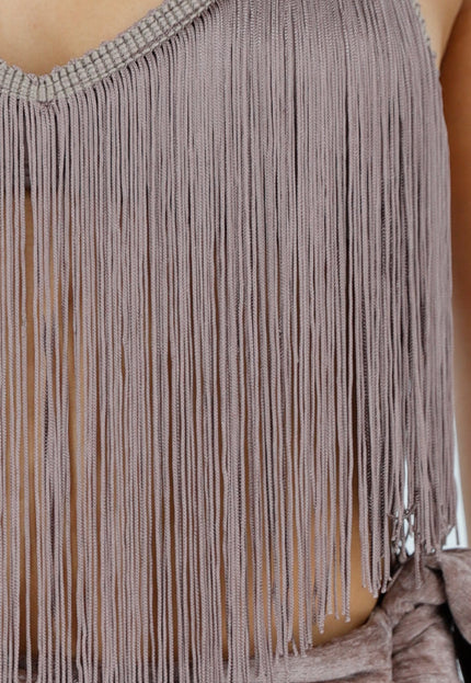 NEW290726 Taupe Fringe Halter Top met Franjes