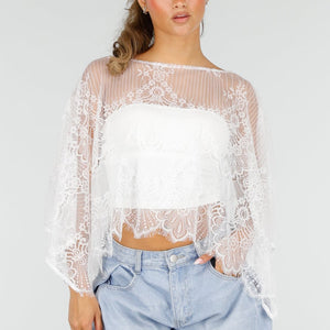NEW290726 Witte Kanten Crop Top met Wijde Mouwen