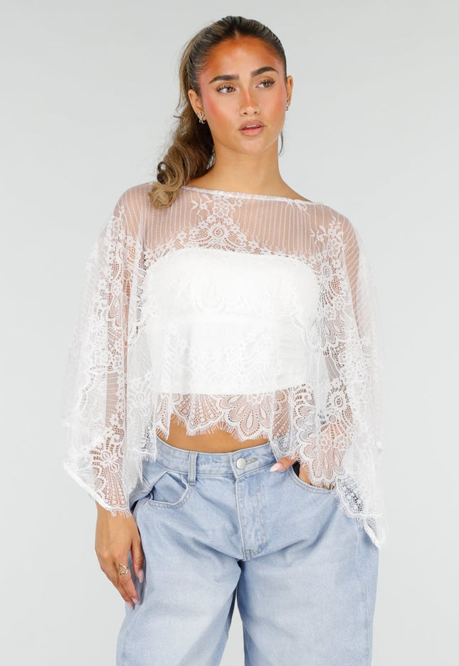 NEW290726 Witte Kanten Crop Top met Wijde Mouwen
