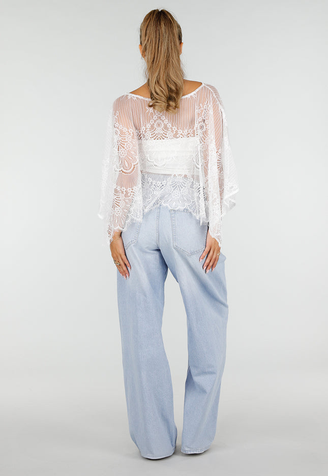 NEW290726 Witte Kanten Crop Top met Wijde Mouwen